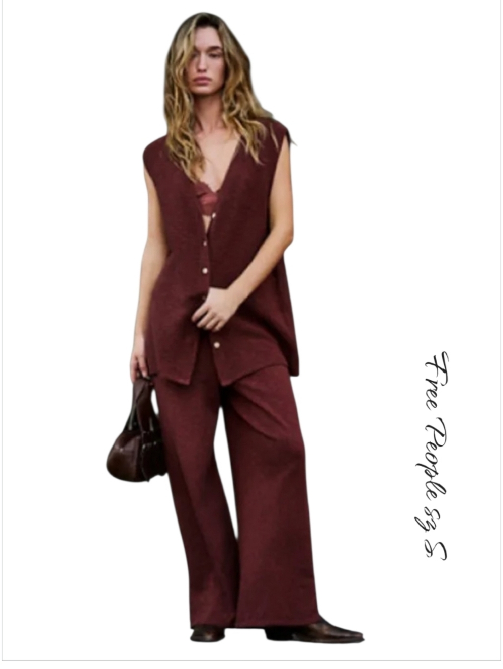 NWT Free People Stockton Sweater Set Brown S Wide Leg Knit Boho Lounge